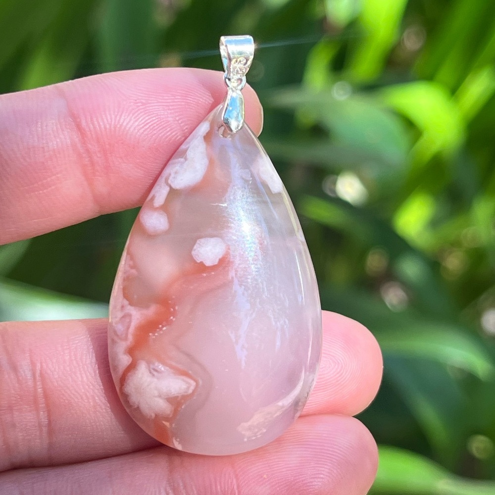 Sterling silver pink teardrop flower agate pendant 0972